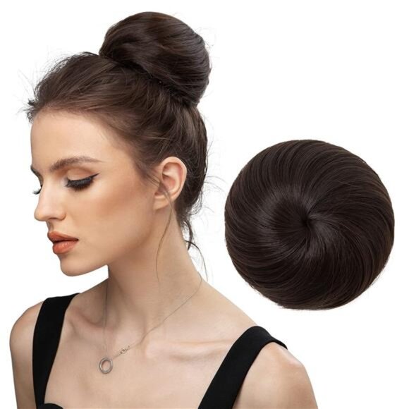 Dark Brown Hair Buns Extension Drawstring Updo Donut Chignon Straight Synthetic - Picture 1 of 7